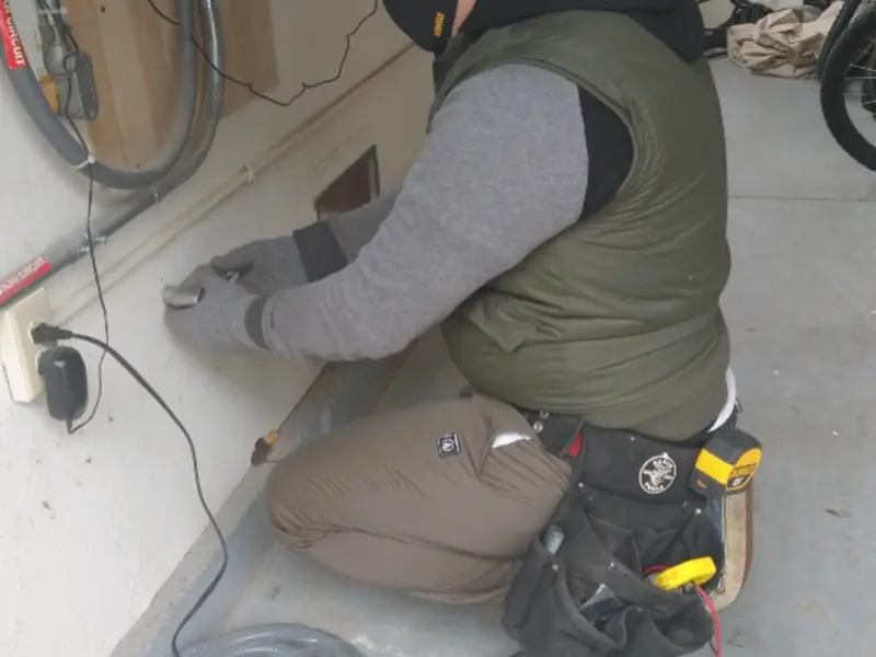 Electrician performing outlet wiring in a St. Charles garage